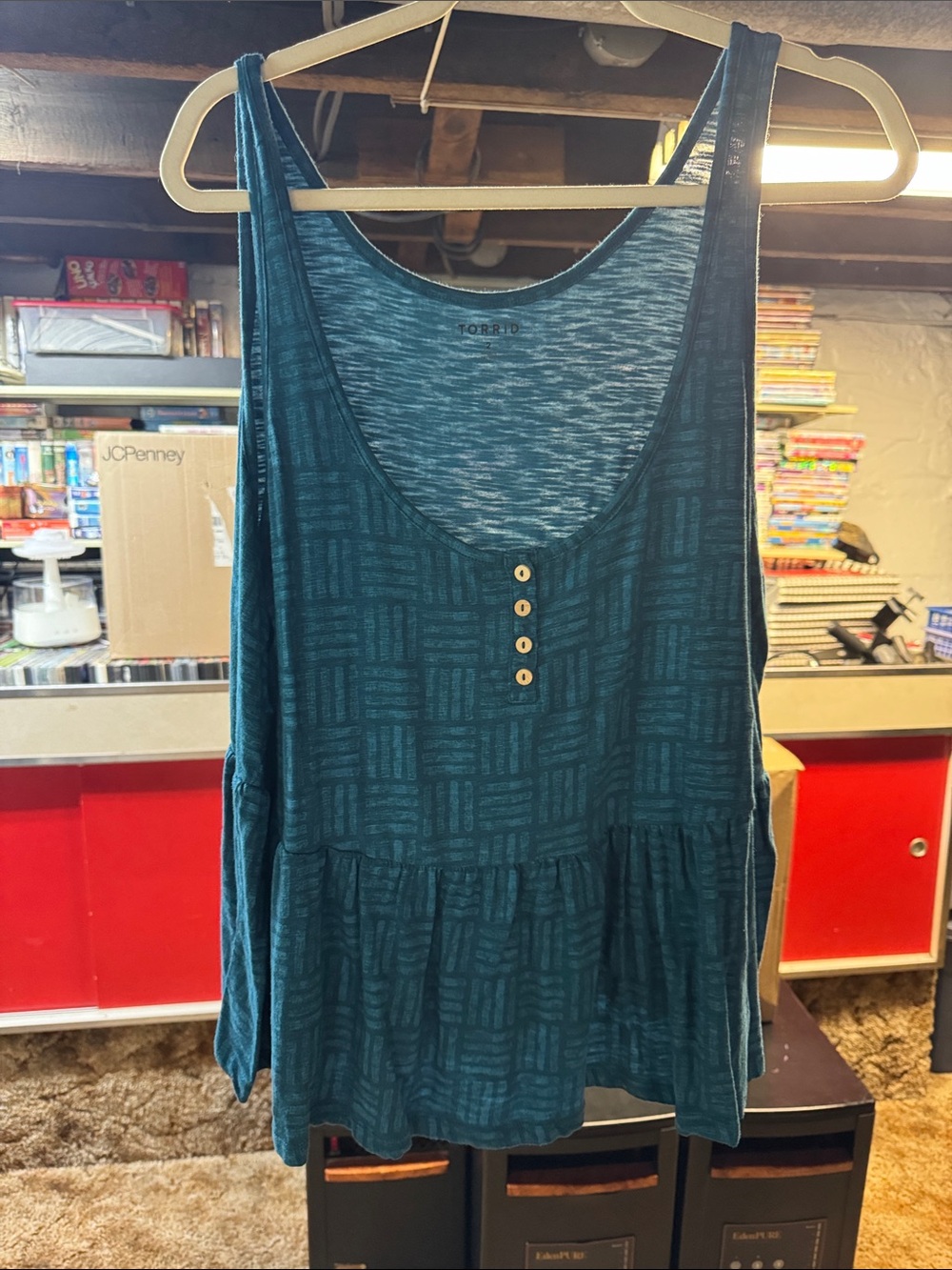 torrid Teal Patterned Scoop Neck Tank with Button Trim